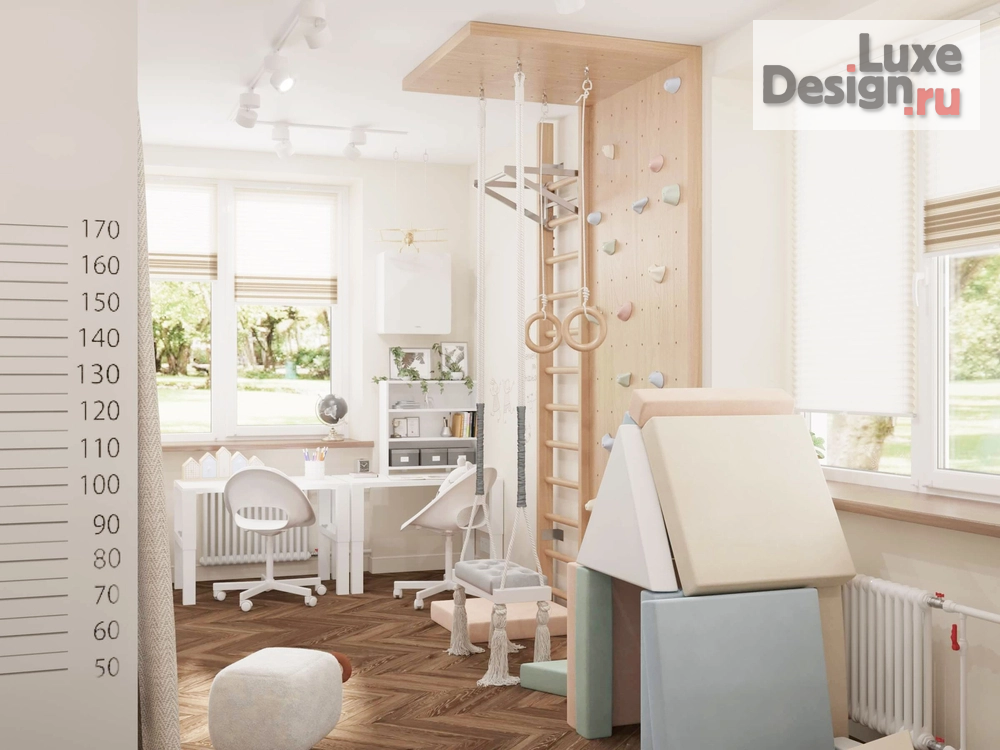 Дизайн интерьера детской "Дизайн интерьера. Детская комната для двух разнополых детей дошкольного возраста для семьи, специалистов IT, которые работают удалённо, в квартире 80 кв.м " (фото 1)