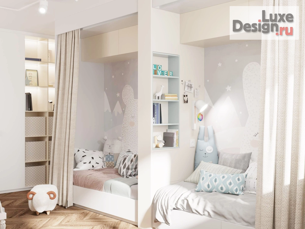 Дизайн интерьера детской "Дизайн интерьера. Детская комната для двух разнополых детей дошкольного возраста для семьи, специалистов IT, которые работают удалённо, в квартире 80 кв.м " (фото 6)
